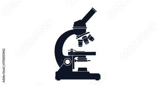 A dark silhouette of a compound microscope with multiple objectives stands against a clean white background symbolizing scientific discovery and research