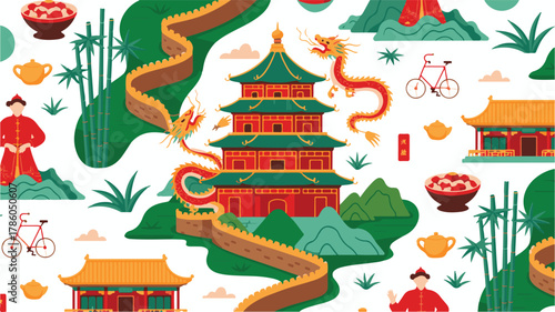 Chinese New Year Themed Seamless Pattern with Dragon, Pagoda, and Great Wall Elements vector