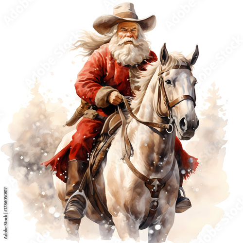 Western cowboy santa on a horse in the snow