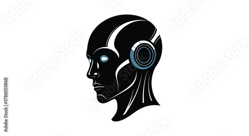 Stylized black robot head profile with glowing blue eyes and futuristic metallic ear accents on a white background