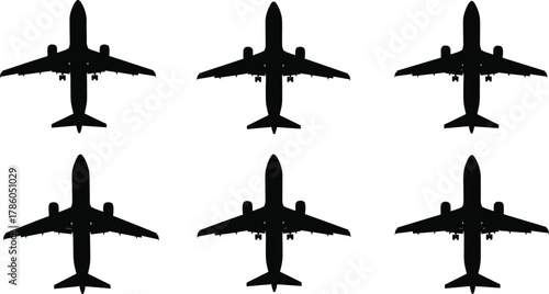 Airplane silhouette top view vector illustration, commercial jet aircraft collection, aviation design, air travel transportation graphic, black plane icon set