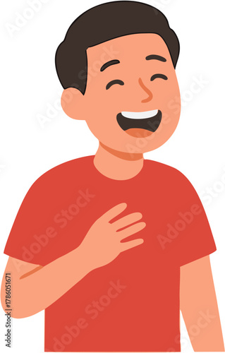 A cheerful boy in a red t-shirt laughing heartily with his hand on his chest, conveying joy and amusement
