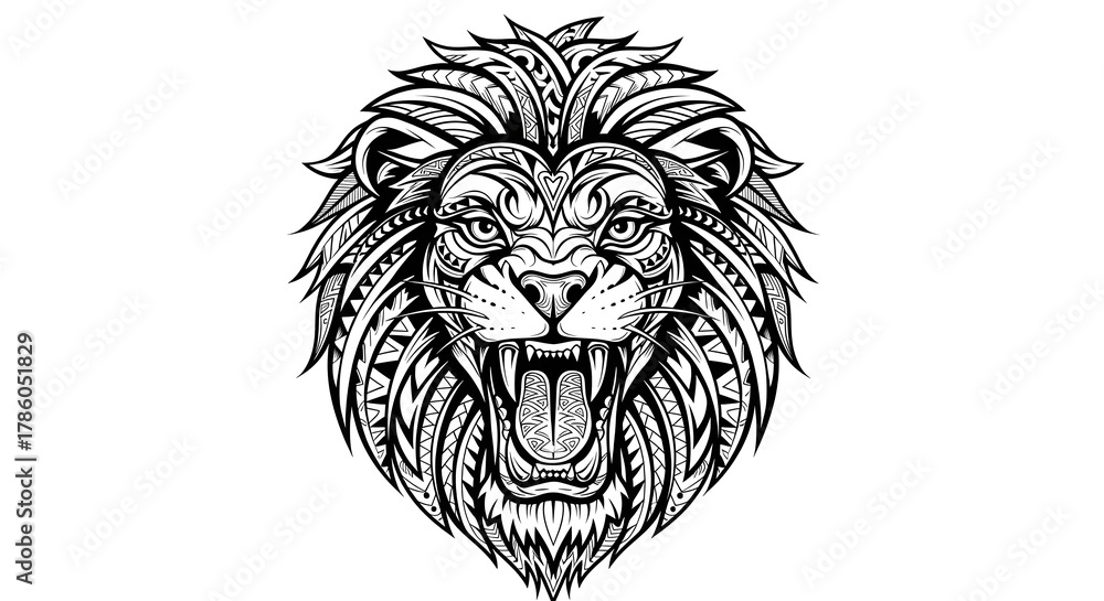 Fototapeta premium Intricate black and white mandala-style illustration of a roaring lion head, blending tribal patterns with detailed line art to represent power and spiritual strength.