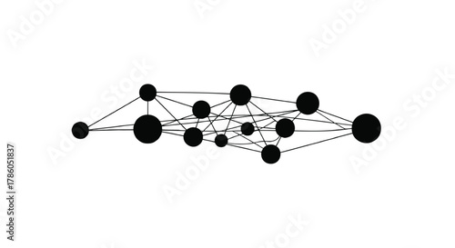 Abstract interconnected network of black circles representing data nodes and connections on a white background