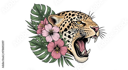 Roaring leopard head surrounded by tropical leaves and pink hibiscus flowers in a bold and elegant tattoo-style illustration symbolizing strength and wild beauty.