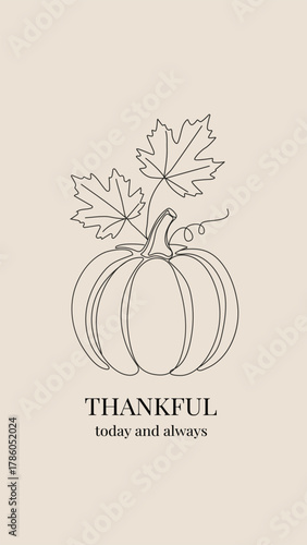 Black outline illustration of a pumpkin with leaves, expressing gratitude. Thanksgiving holiday concept for autumn season celebration