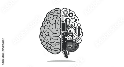 Split brain illustration showing organic left hemisphere and mechanical right hemisphere with gears and circuitry
