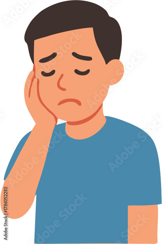 Sad man with toothache holding cheek in discomfort and expression of suffering