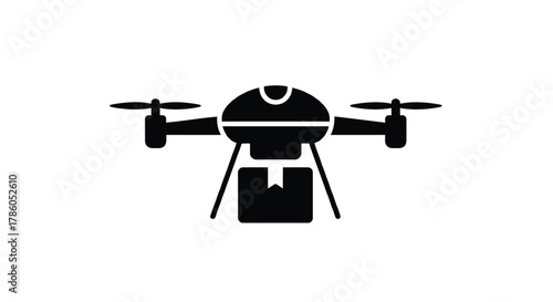 Black silhouette icon of a drone delivering a package against a white background representing modern logistics and delivery services