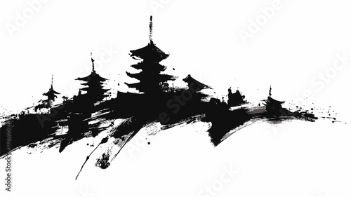 Kyoto city skyline in black ink brush stroke grunge art with traditional Japanese cultural landmarks