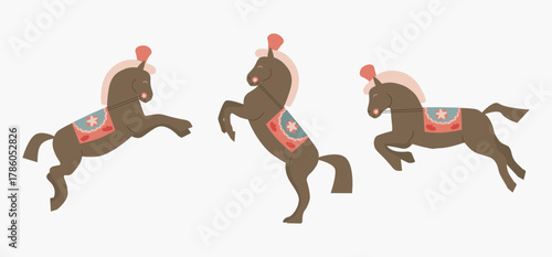 Poster with an illustration of cartoon horses. Children illustration of mare. Hand drawn vector card. Colorful illustration. Cartoon style, flat design