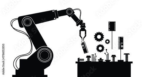 Robotic arm assembling electronic components and gears on a workbench in a modern factory setting