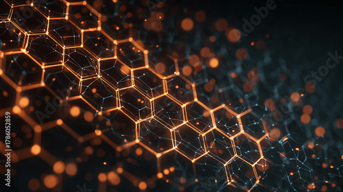 Abstract honeycomb pattern with glowing orange highlights on a dark background. The pattern suggests complex connections and network