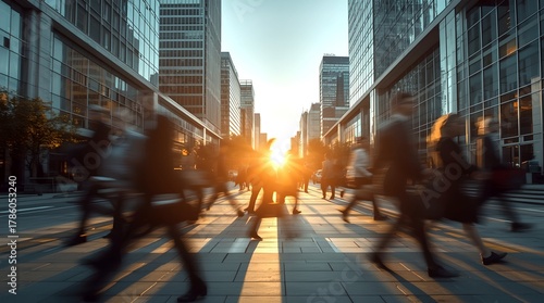 Cityscape captures the blur of people walking along the busy city street during sunrise, suggesting a vibrant urban lifestyle 