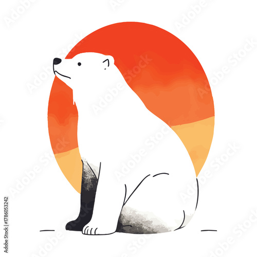 Sumi-e style illustration of a polar bear with a vibrant red-orange sun on a soft white background. Traditional Japanese ink wash painting sumi-e. Hieroglyphs - harmony, spirit, perfection, beleive.