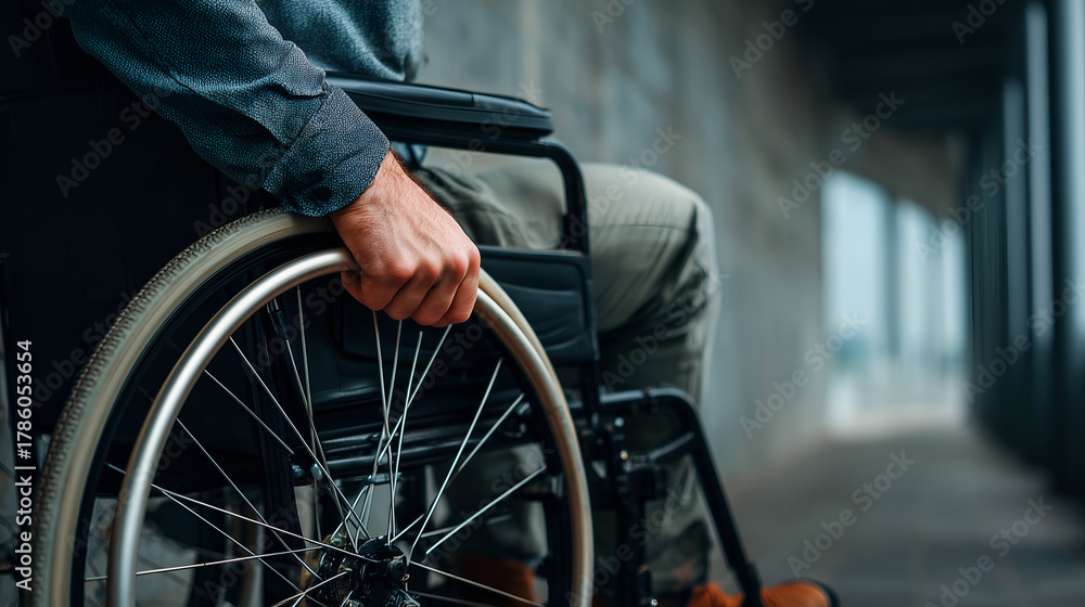 Obraz premium Close-Up of Person’s Hand on Wheelchair Rim, Concept of Independence, Mobility, and Accessibility, Modern Representation of Disability Confidence and Inclusive Design