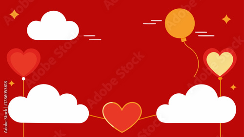 Illustration of hearts balloons and clouds on a red background for valentine's day theme