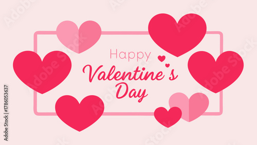 Valentine's day greeting card with pink and red hearts arranged around a rectangular frame and text design