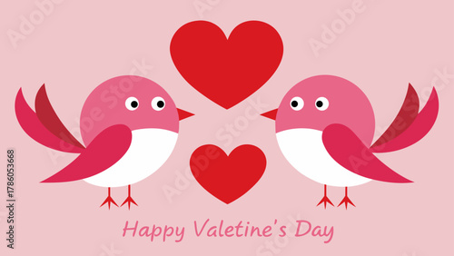 Two cute pink birds with red hearts on a light pink background for valentine's day celebration