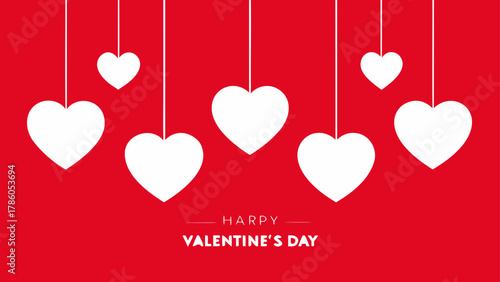 Hanging white hearts on strings against a red background for valentine's day celebration design