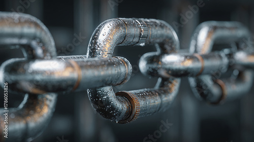 A close-up shot of a durable metallic chain, showcasing its interlocking links. The chain is wet and glistening.