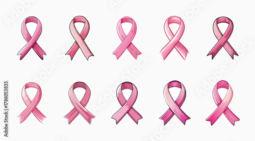 Illustrative Pink Ribbons in Varied Styles Supporting Breast Cancer Awareness Month
