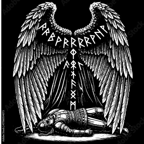Valkyrie Embracing Fallen Warrior | Black and White Engraving with Rune Wing Details