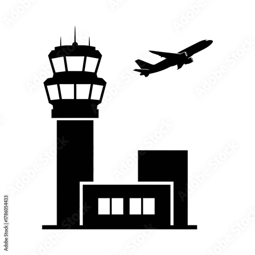 Silhouette of an airport control tower with a plane taking off isolated on white background