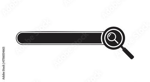 Black search bar with magnifying glass icon on a white background representing online search and discovery