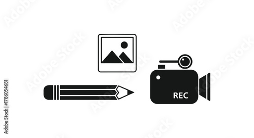 Creative process icons including a pencil for drawing a picture frame for photography and a video camera for filmmaking