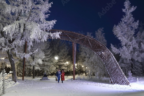 Women walk along the park avenue on a winter evening