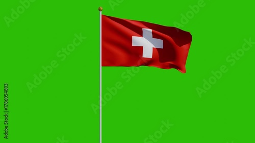 Switzerland flag animation with green screen background 4k waving flag cloth footage	with a pole 
