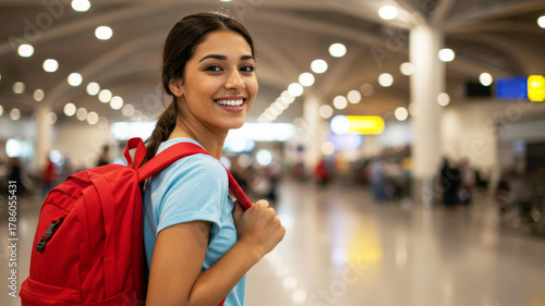 Smiling woman with red backpack in airport terminal. Student travel abroad. Happy young girl ready for vacation or adventure.
