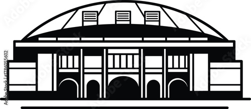 Modern sports stadium front view vector illustration, football arena architecture, black and white line art, minimalist sports building design