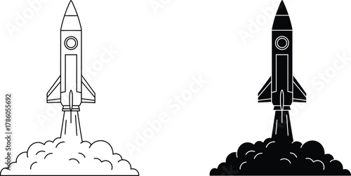 Rocket launch silhouette vector illustration, space shuttle taking off, startup concept, minimal design, science and innovation technology background