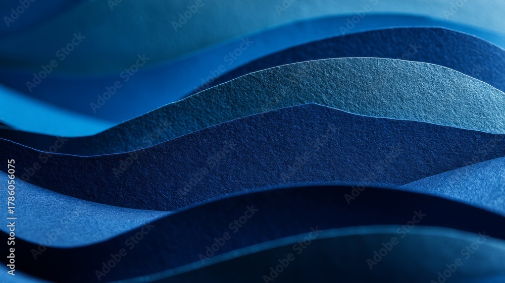 Fototapeta premium Curved overlapping blue paper abstract. AI image