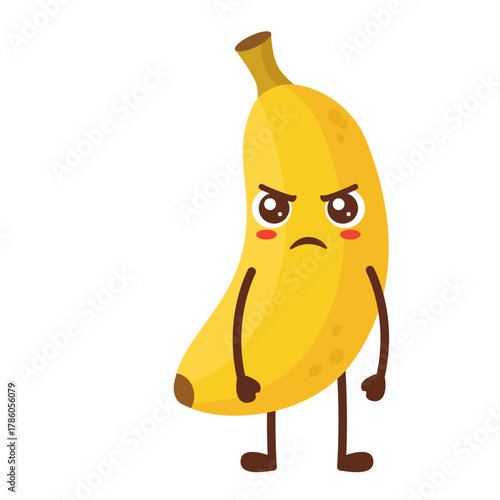 Angry Banana Cartoon Character Standing Flat Illustration