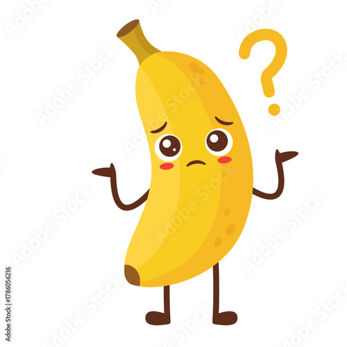 Cartoon Banana Character Shrugging with Question Mark Flat Illustration