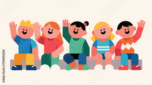 Illustration Of Children Sitting With Their Hands Raised Vector Design Template