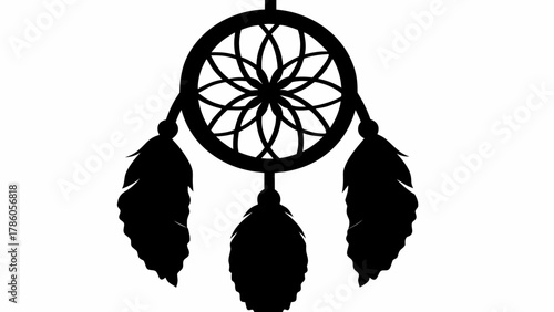 Dreamcatcher silhouette with feathers, a symbol of peace, spirituality, and protection for creative projects, sleep aids, or mindfulness promotion