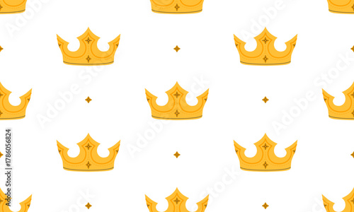 Crown seamless pattern. Golden royal jewels headdress background. Symbol of king, queen, prince and princess. Aristocratic, coronation, monarchy concept. Hand drawn flat vector illustration