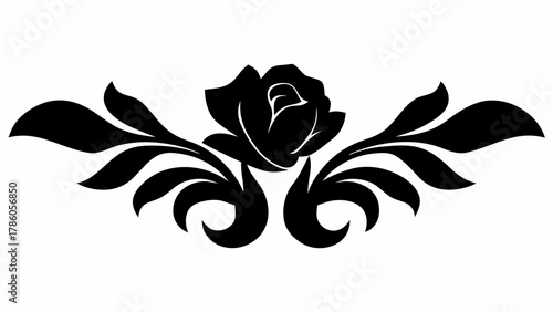 Elegant floral design element with swirling flourishes and a beautiful rose, perfect for sophisticated invitations or branding, timeless and classic