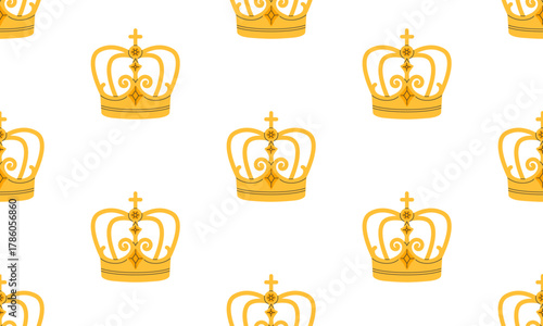 Crown seamless pattern. Golden royal jewels headdress background. Symbol of king, queen, prince and princess. Aristocratic, coronation, monarchy concept. Hand drawn flat vector illustration