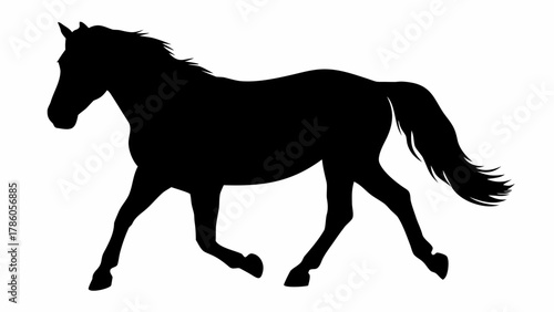 Elegant black horse silhouette trotting creates a dramatic graphic statement, perfect for equestrian themes, logos, and impactful visual communication