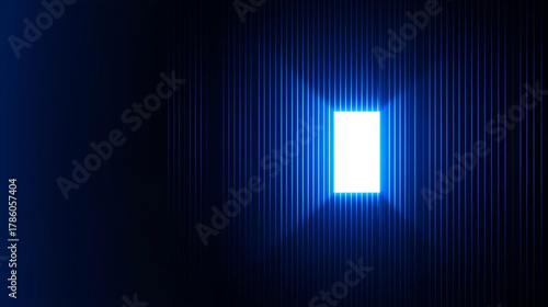 Abstract glowing light rectangle in a textured dark blue digital tunnel, symbolizing a futuristic portal to new dimensions, innovation, and technological breakthroughs