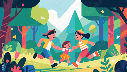 Illustration Of Children Playing In Nature With A Cheerful And Bright Atmosphere Vector Design Template