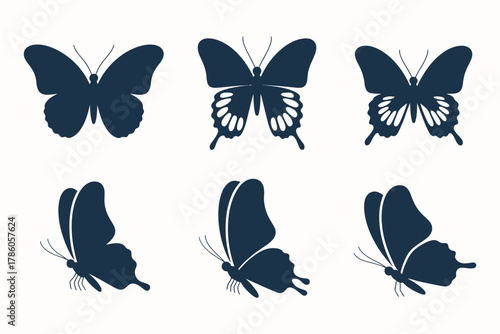 Black butterflies collection silhouettes isolated on white background vector illustration featuring various elegant wing shapes