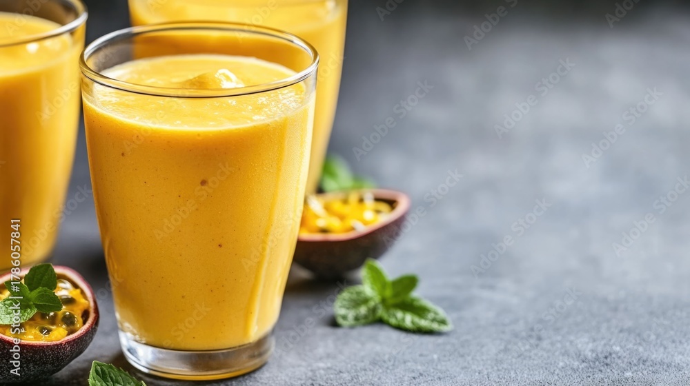 Fototapeta premium Vibrant papaya smoothie with passion fruit chunks dripping from a glass against a dark background The creamy tropical drink is a healthy refreshing natural snack or breakfast option
