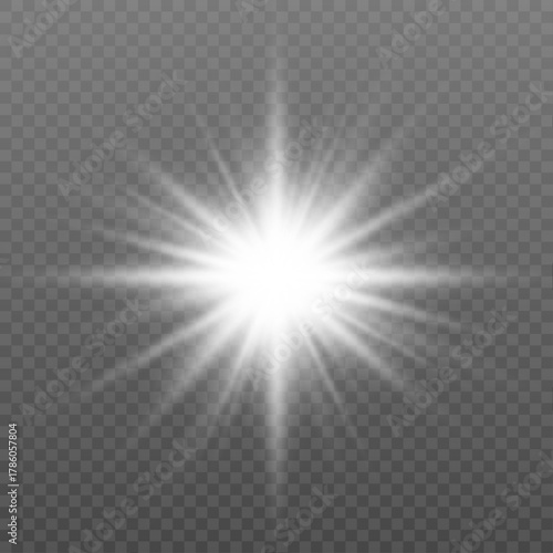 Transparent white flash with glitter dust and soft radial rays. Light sparkle effect perfect for highlight or magical glow. Vector PNG.
