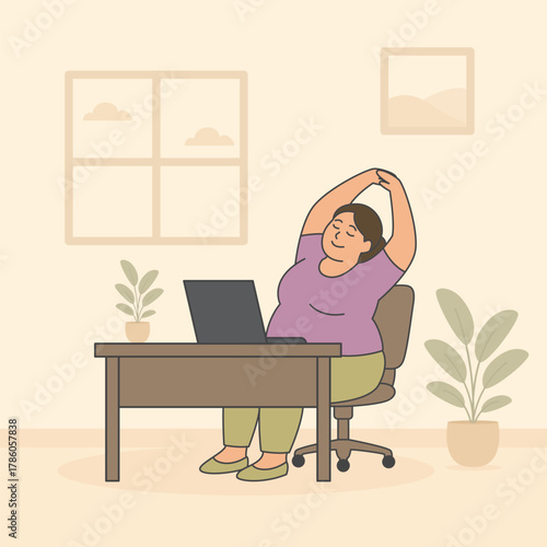 worker Woman is sitting at a desk with a laptop and a potted plant flat style